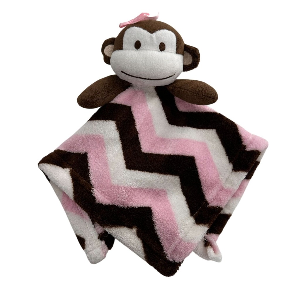 Baby‎ Monkey Lovey Security Blanket Pink Brown White Chevron Pattern Soft Plush